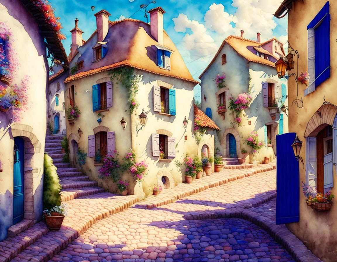 Picturesque cobblestone street with colorful houses and flowers under blue sky