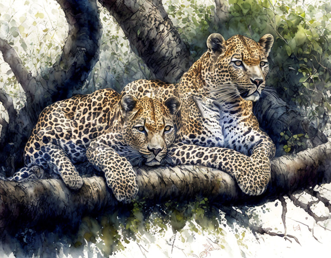 Leopards resting on tree branch in watercolor style