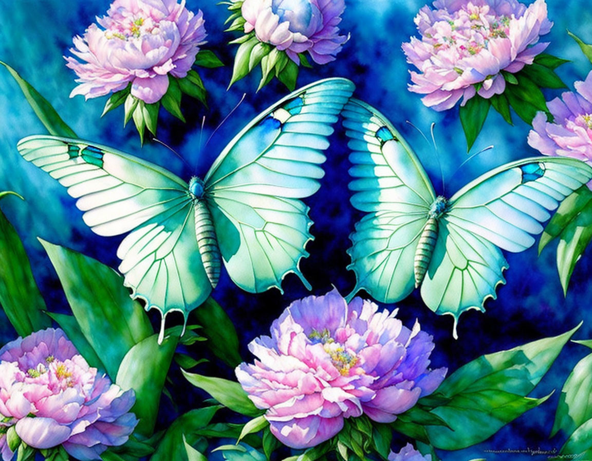 Vibrant blue butterflies on pink peonies in deep blue setting