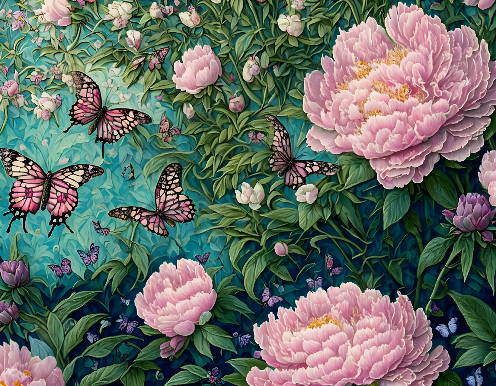 Detailed Floral Pattern with Pink Peonies, Flowers, Butterflies, and Leafy Background