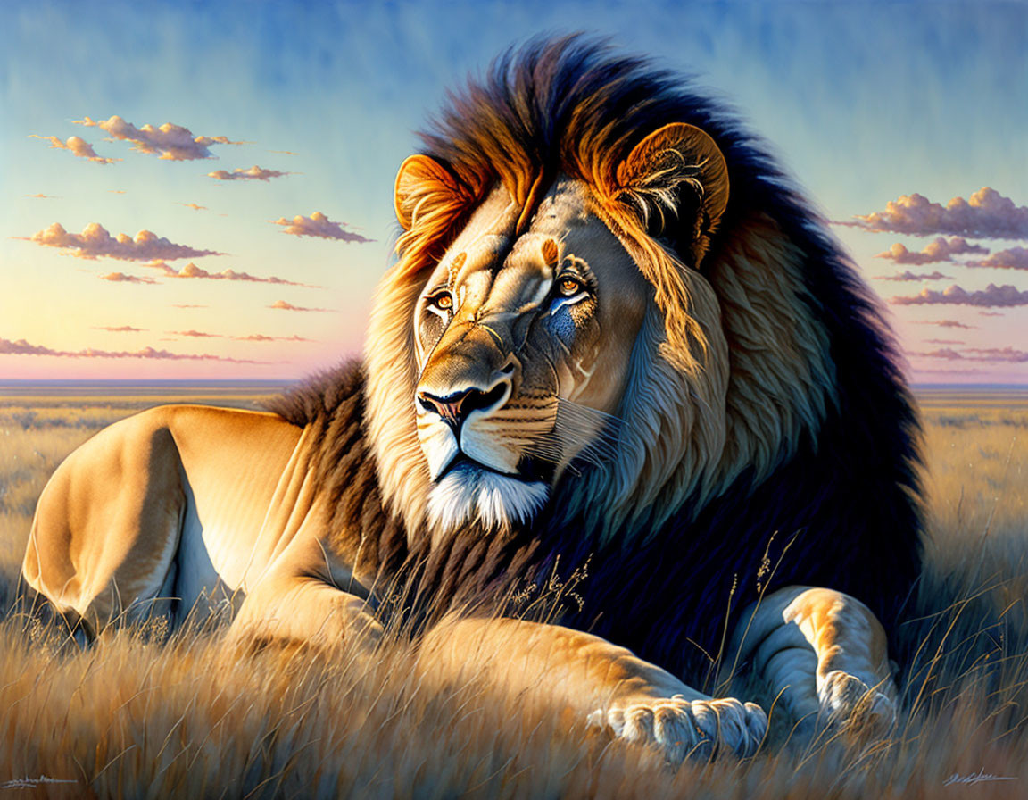 Majestic lion with rich mane in golden savannah grass at twilight