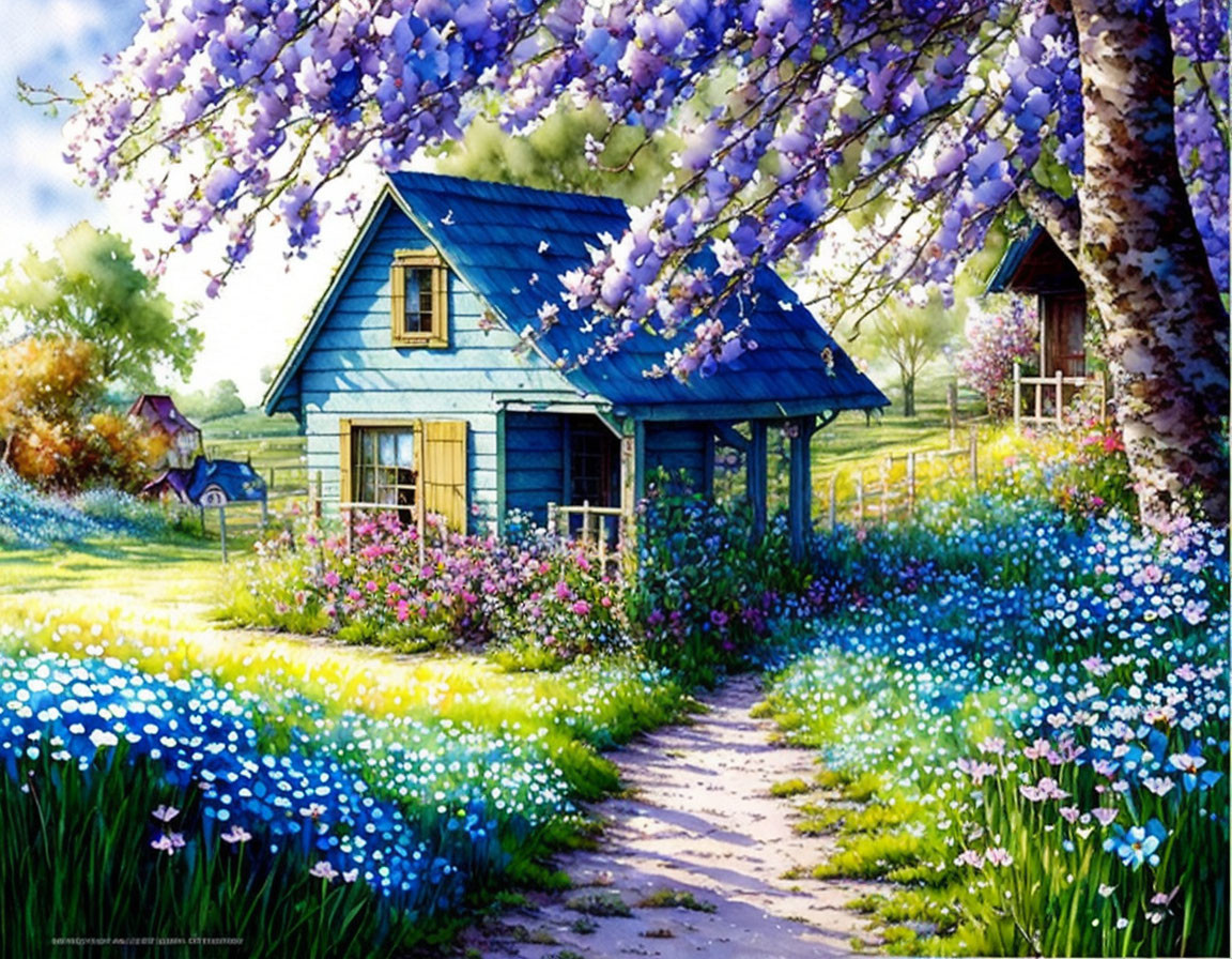 Charming blue cottage with blooming gardens and tree-lined path