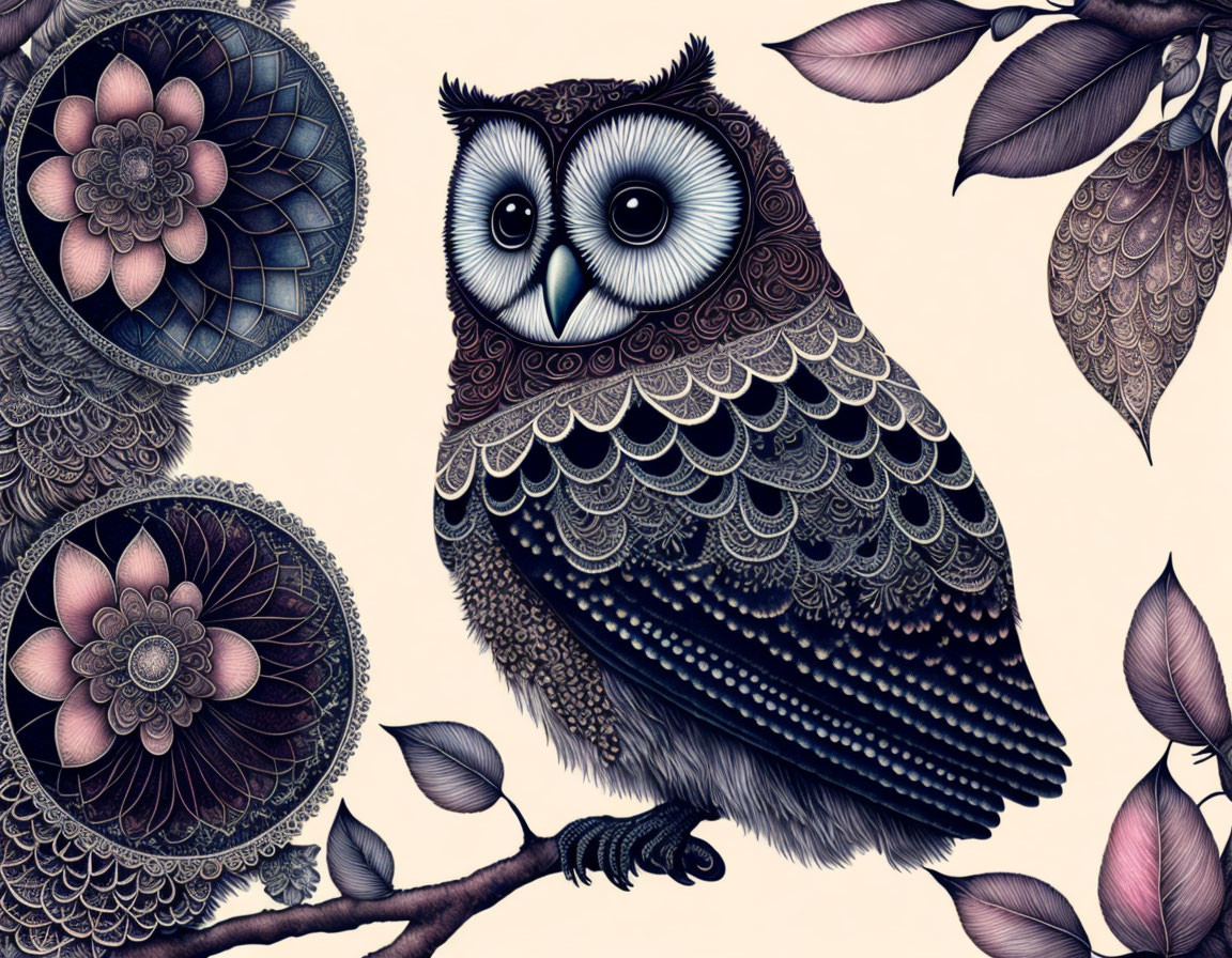 Intricately patterned owl on branch with leaves and flowers in stylized art