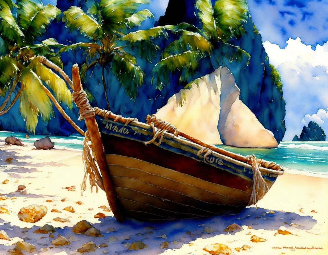 Wooden boat on sunny beach with palm trees and turquoise waters