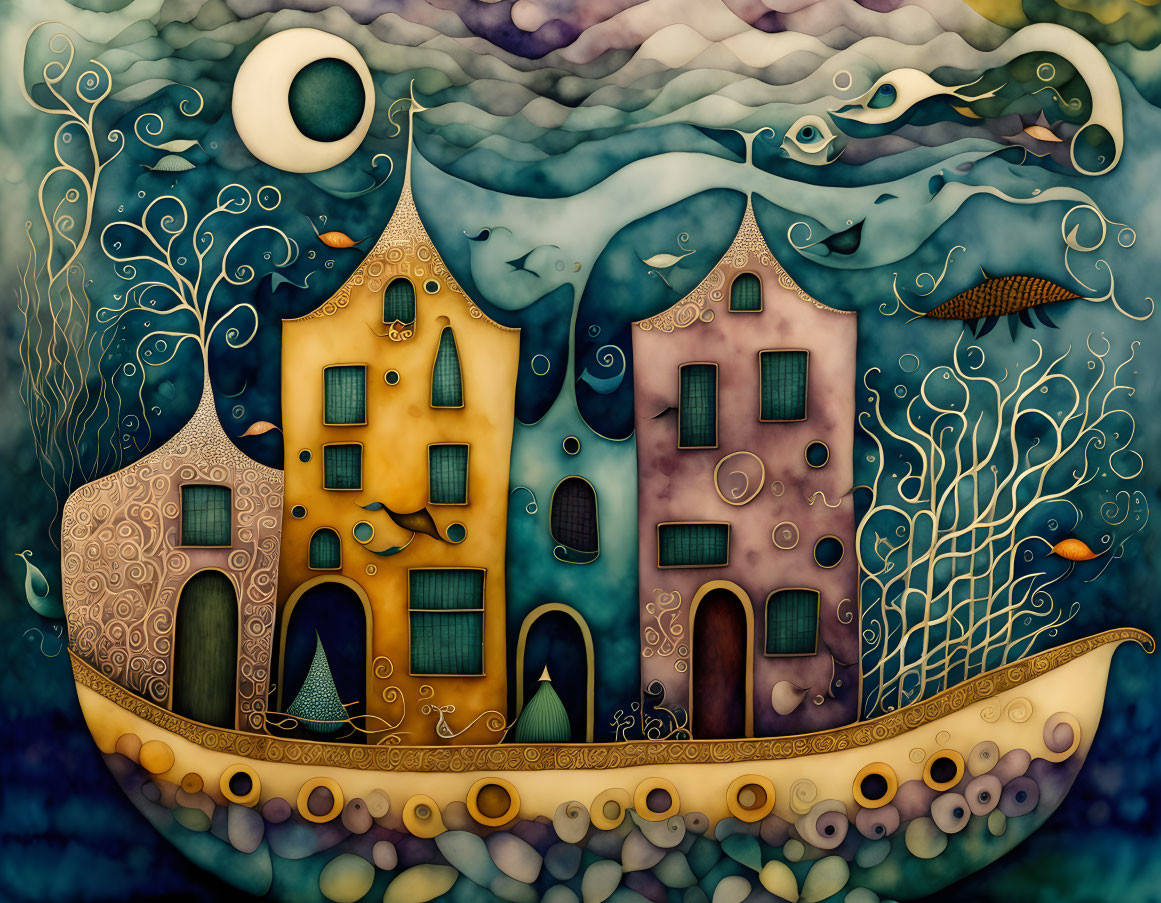 Whimsical underwater scene with surreal houses on a boat