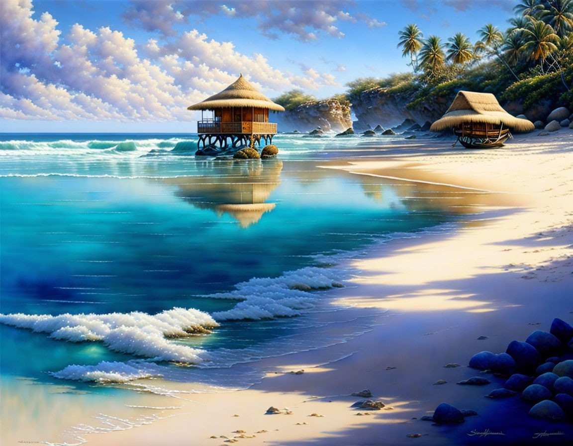 Tropical beach scene with huts, palm trees, and clear blue water