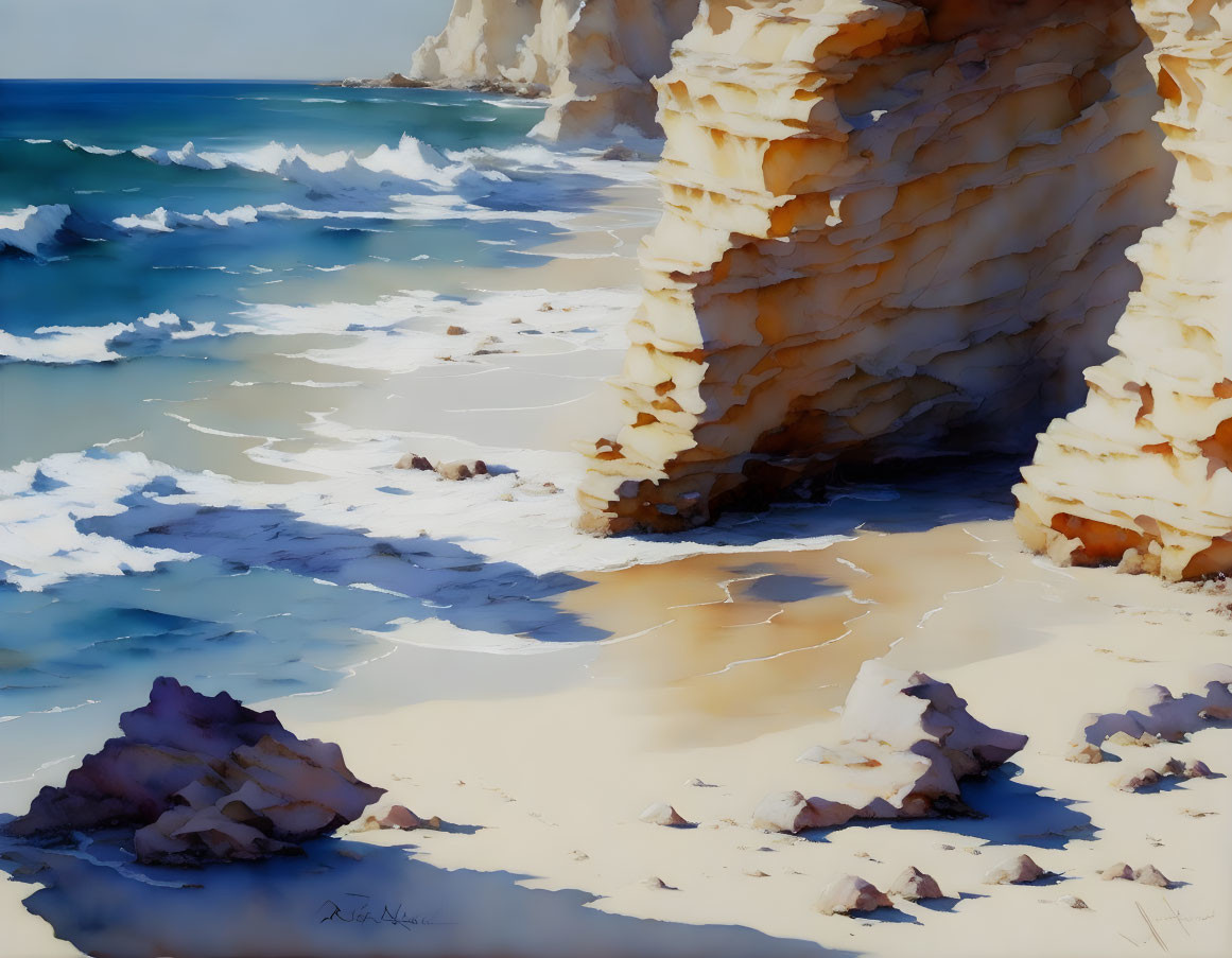 Sandy beach with towering rock formation and gentle waves under clear sky