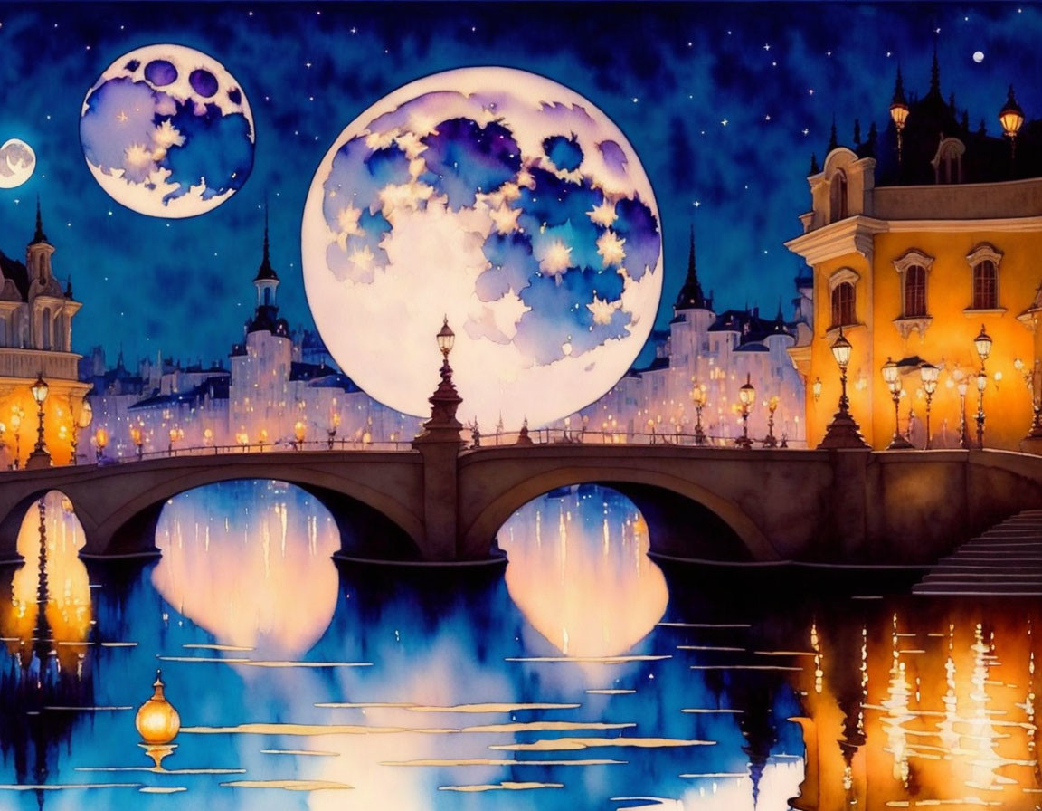 Fantasy cityscape artwork: illuminated buildings, bridge, moons.