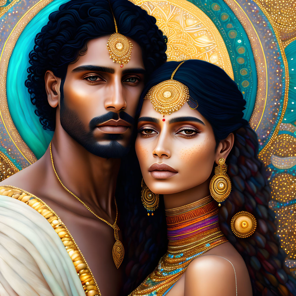 Digital illustration: South Asian man and woman with gold jewelry on blue background