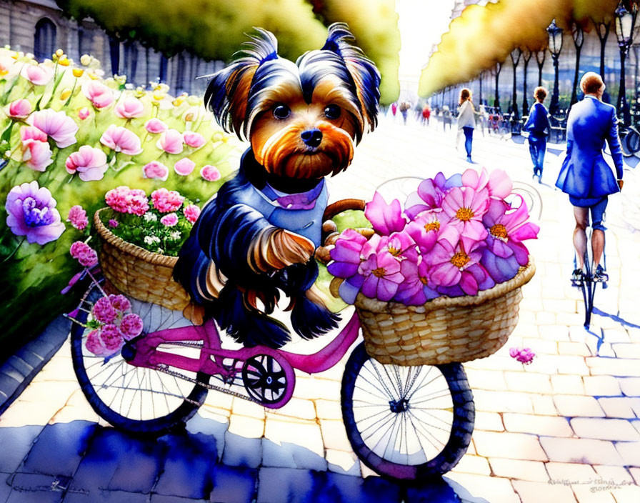 Stylized Yorkie Dog Painting Riding Tricycle with Flowers