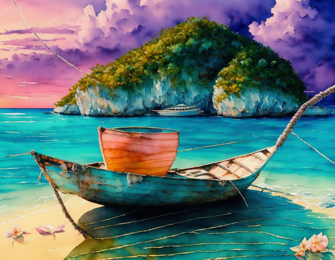 Colorful Watercolor Painting of Old Boat on Beach with Island and Sunset Sky