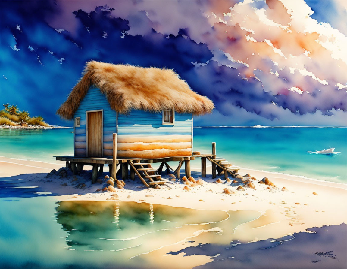 Thatched-Roof Hut Over Clear Blue Water Beach Scene