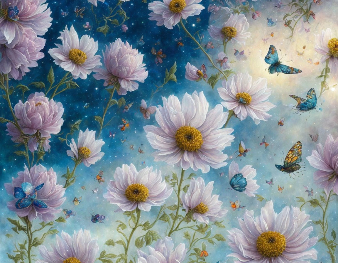 Pale Purple Flowers and Butterflies on Dreamy Blue Background