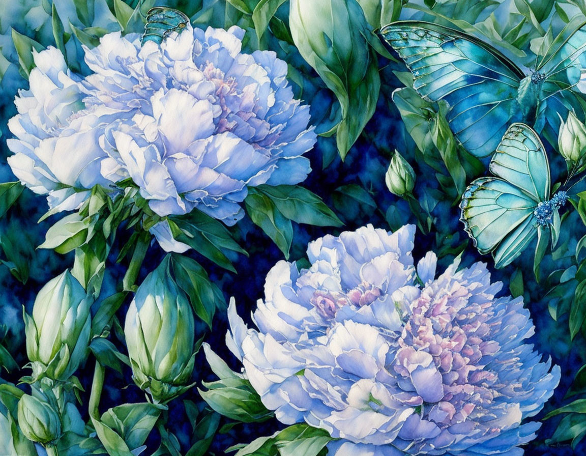 Colorful watercolor illustration of blue and purple peonies with delicate blue butterflies.