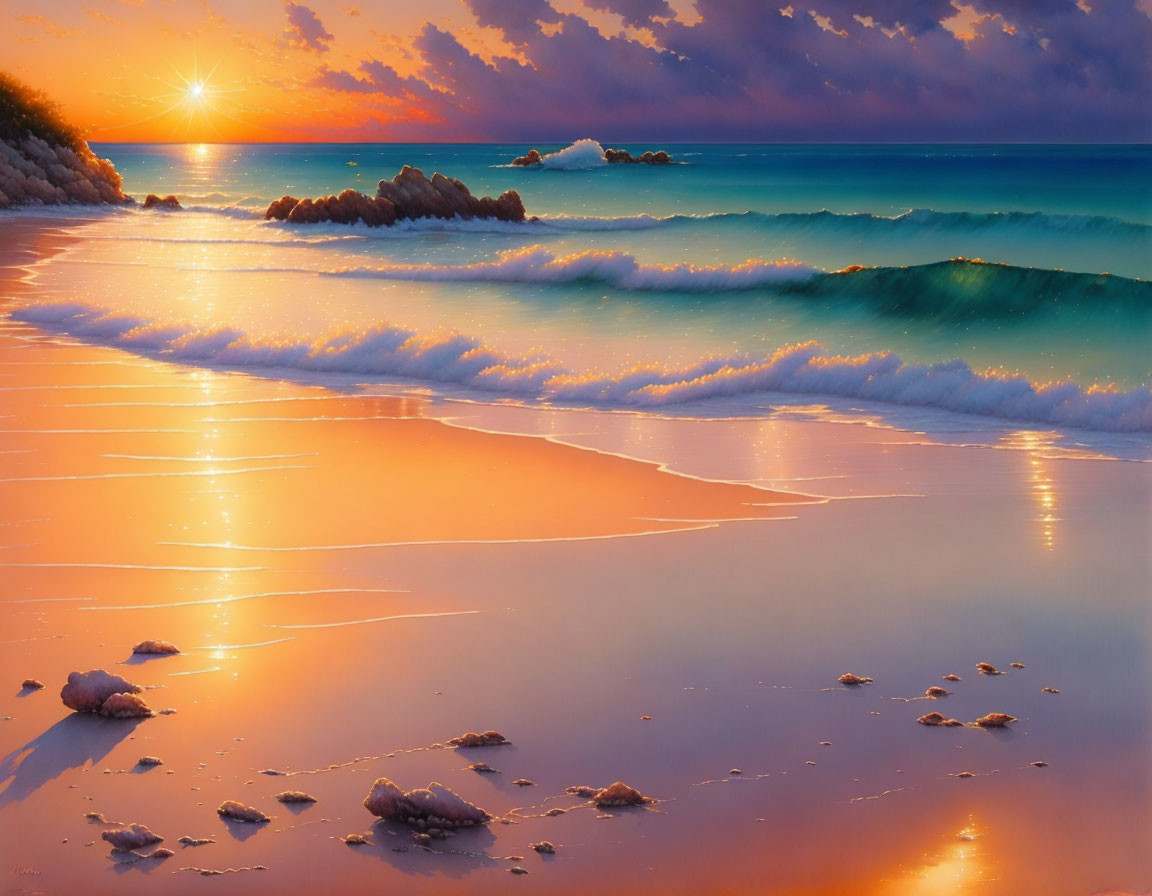 Tranquil beach sunset with gentle waves and seashells