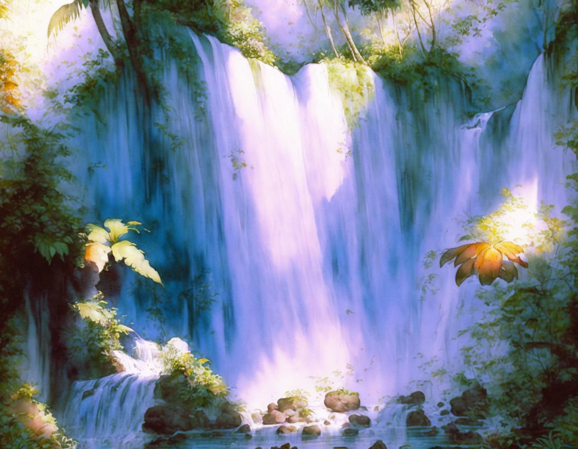 Tranquil waterfall in lush green setting