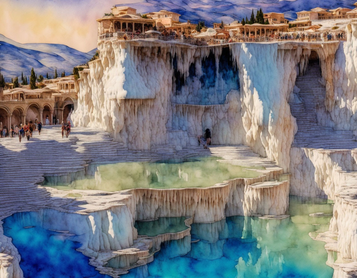 Turquoise water terraces against historic architecture in Pamukkale, Turkey