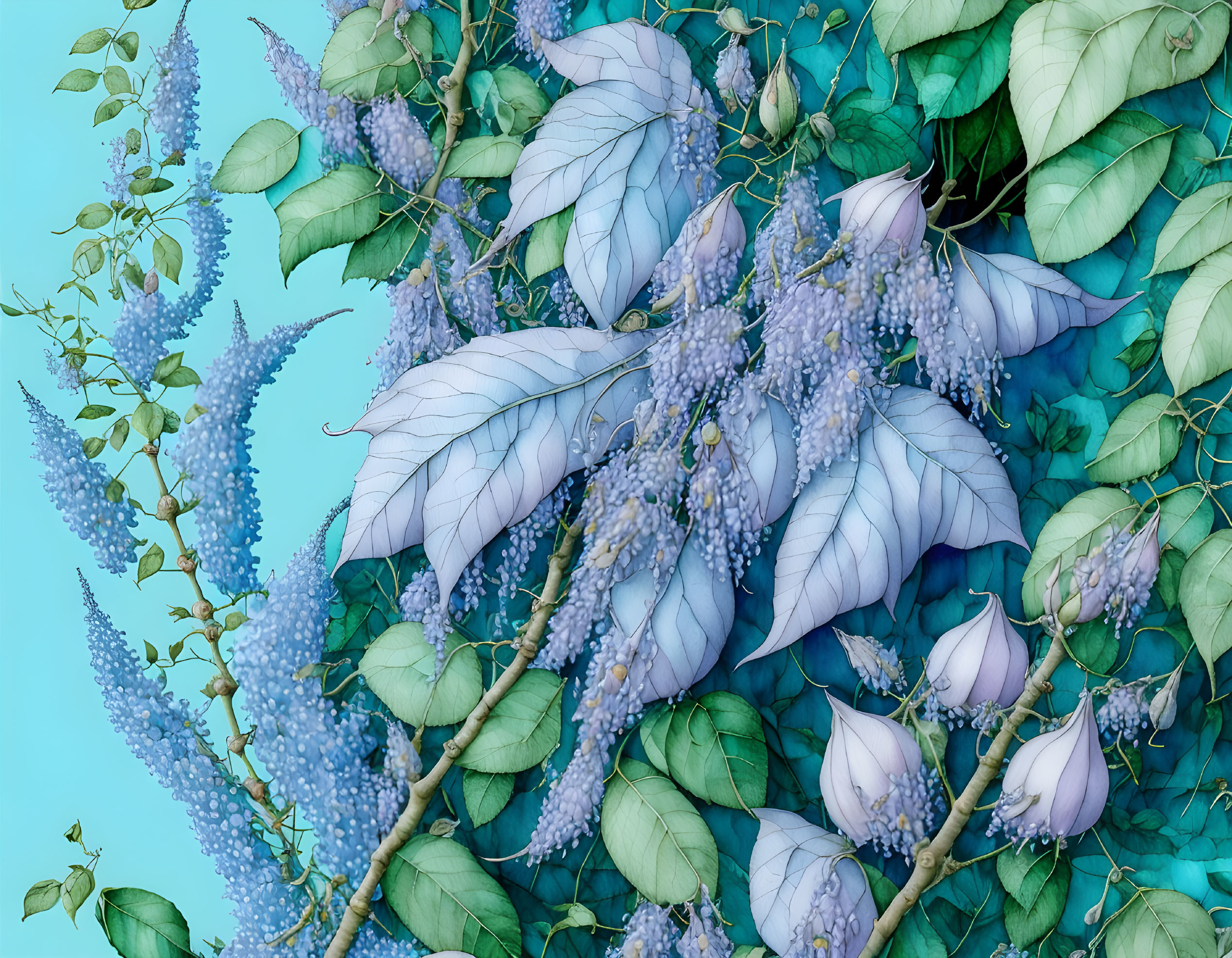 Colorful Botanical Illustration with Blue and Green Leaves and Purple Flowers on Teal Background