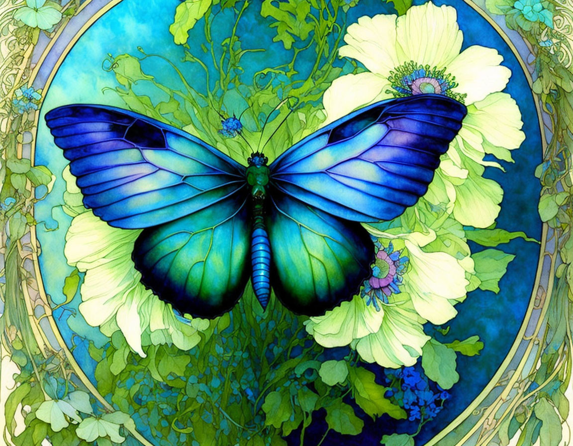 Blue butterfly illustration on green foliage with Art Nouveau frame