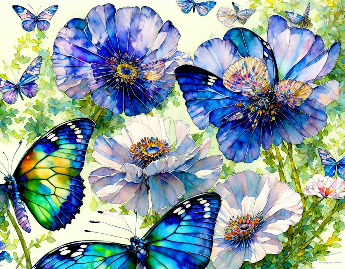 Colorful Watercolor Painting of Blue and Purple Flowers with Blue and Green Butterflies