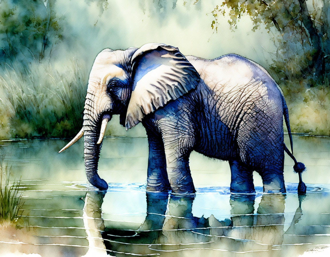 Elephant in Watercolor Painting Surrounded by Greenery