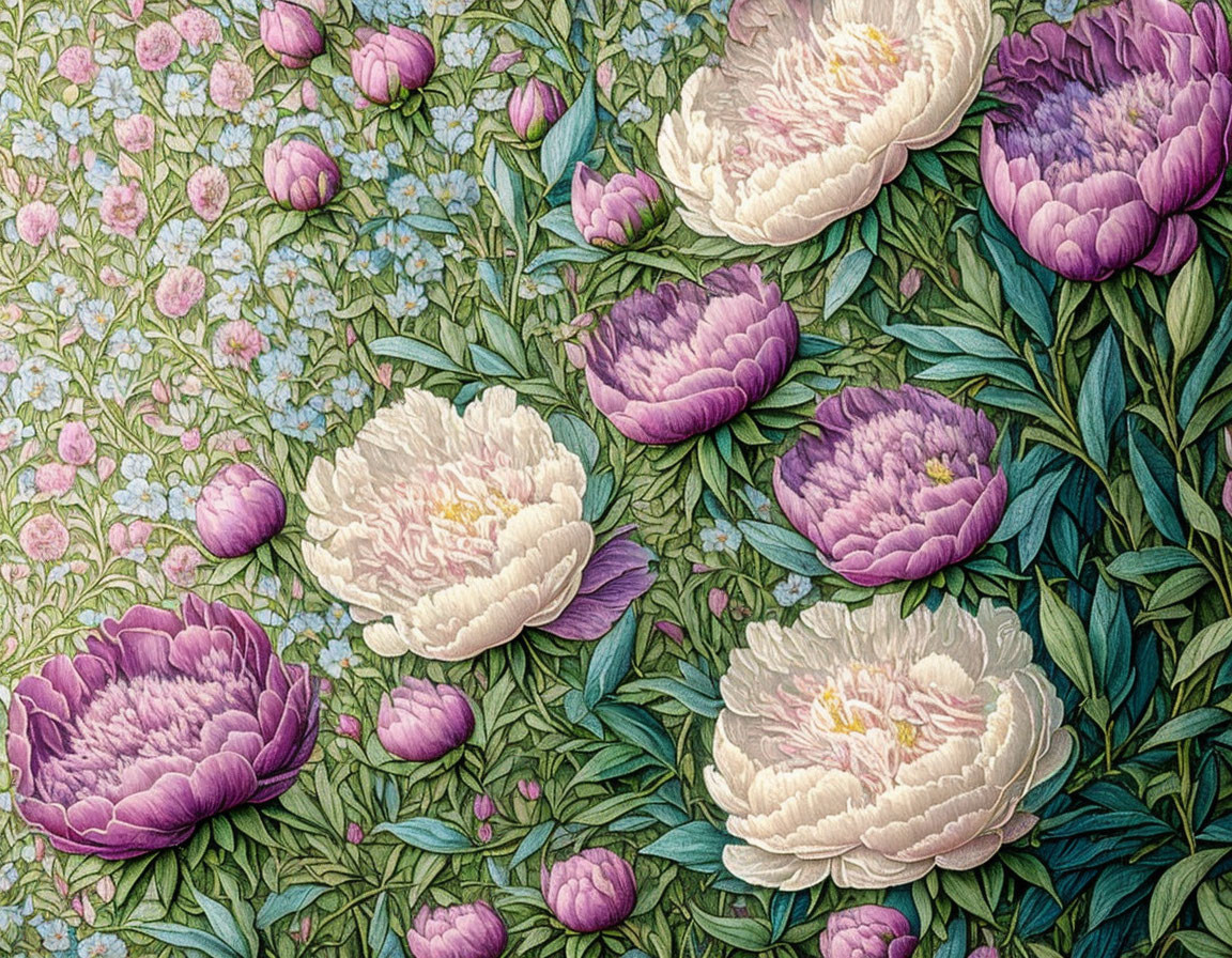 Vibrant purple and pink peonies with green foliage on floral background