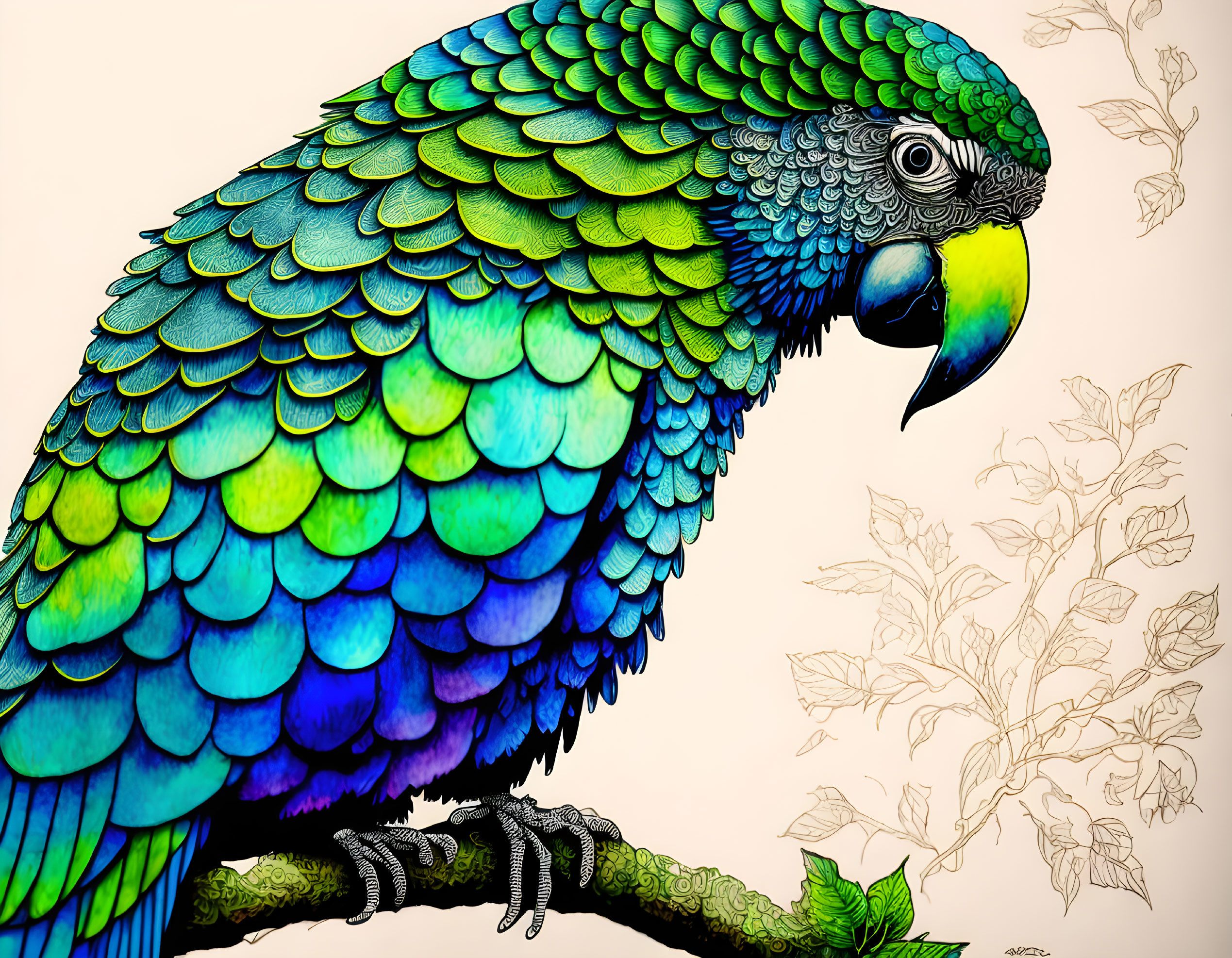 Colorful Parrot Illustration on Branch with Blue and Green Feathers