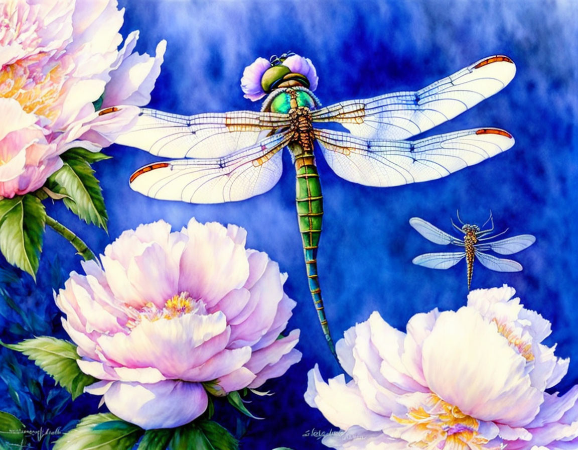 Colorful dragonfly and pink peonies on blue backdrop