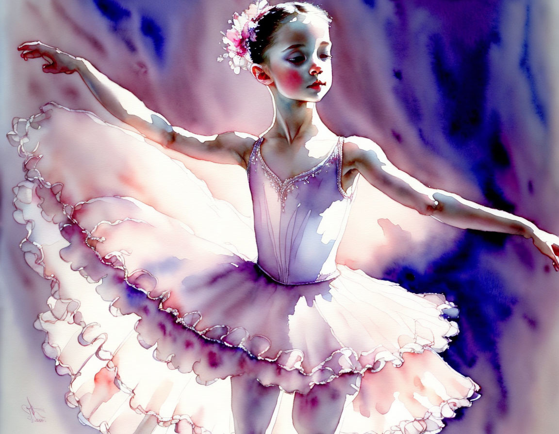 Young ballerina in pink tutu watercolor painting portrait