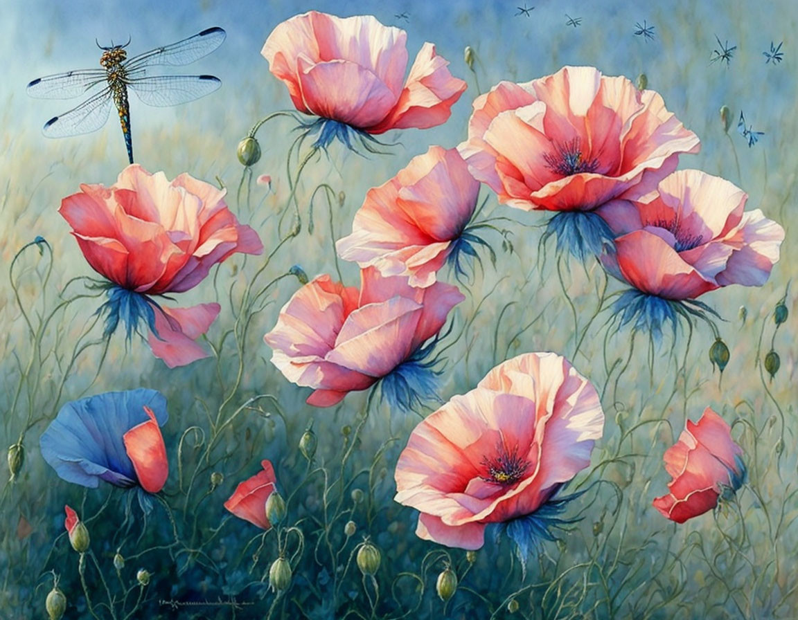 Tranquil painting of red poppies and a dragonfly in a blue floral scene