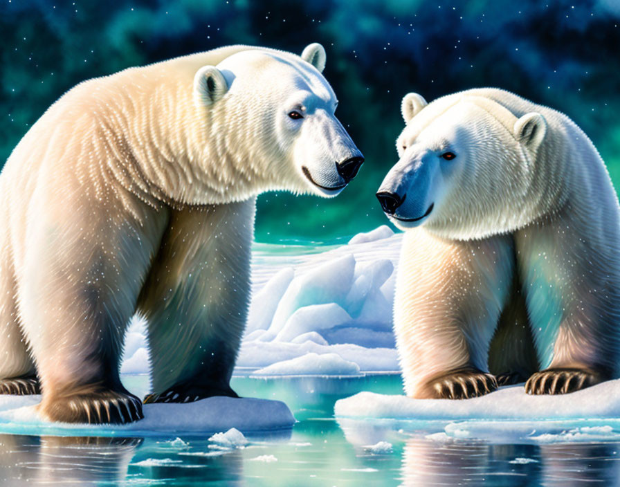 Polar bears on ice under starry night sky