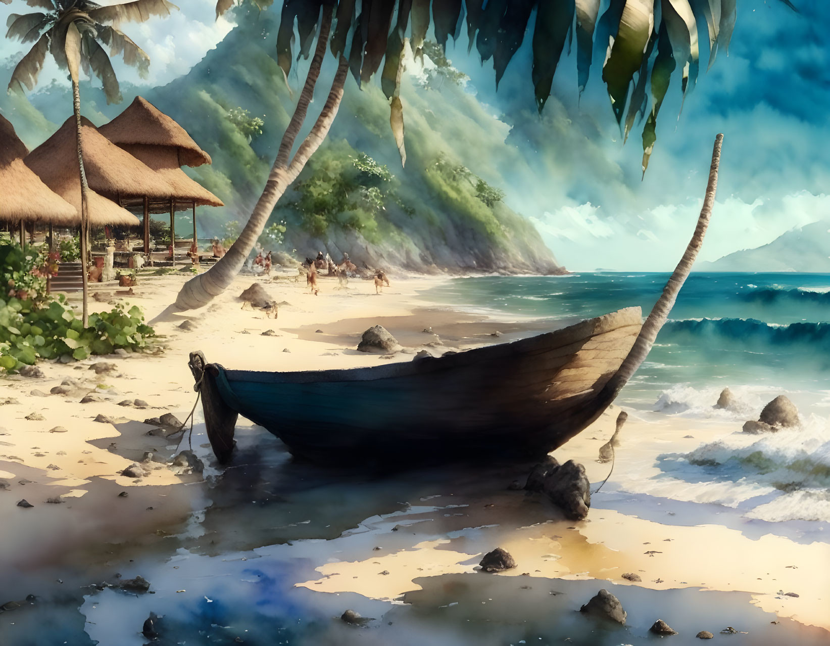 Tropical Beach Scene with Boat, Palm Trees, Huts, and Mountain