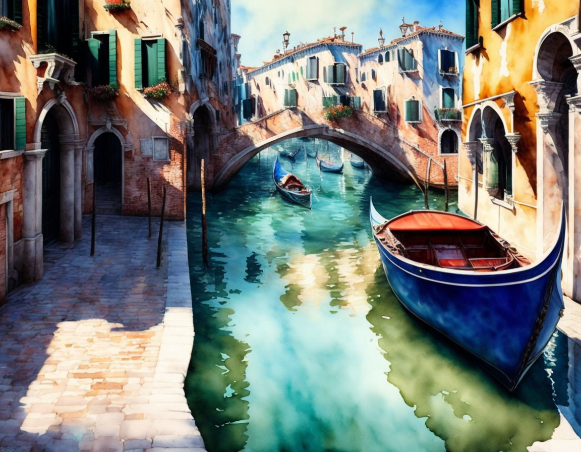 Vibrant watercolor of Venetian canal with blue boat and historic buildings