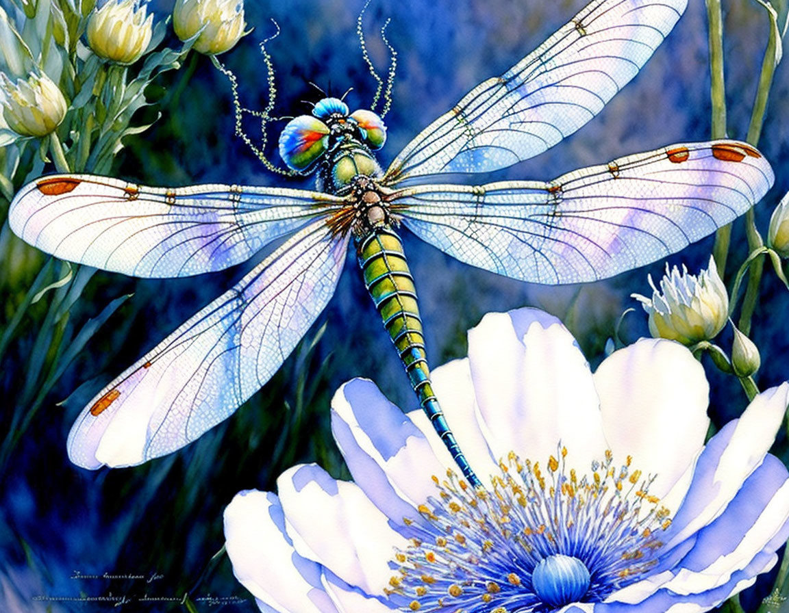 Detailed dragonfly on white flower against blue background