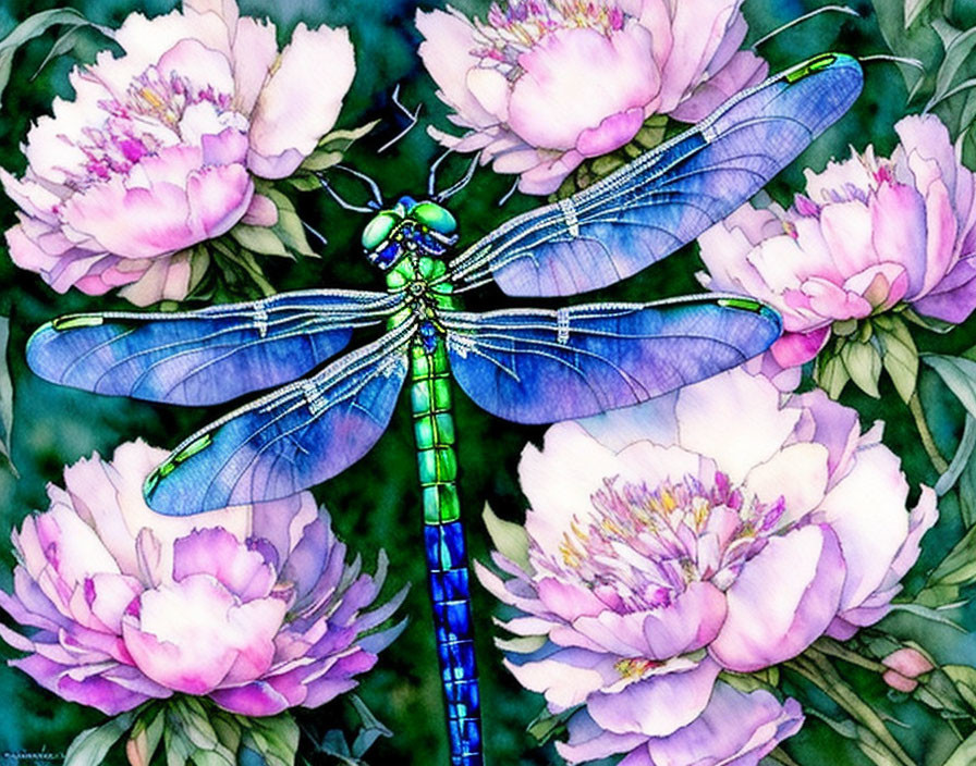 Colorful Dragonfly on Pink Peony Flowers in Watercolor