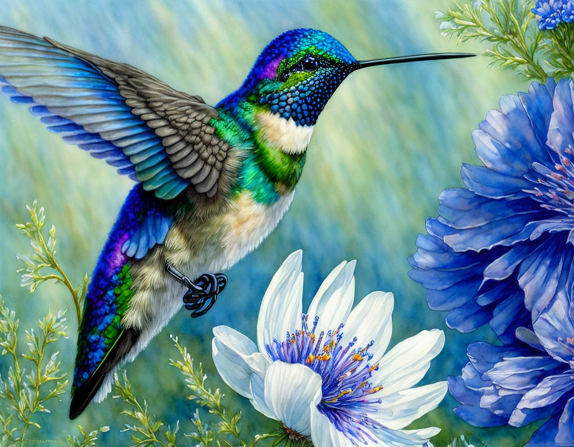 Colorful hummingbird painting with iridescent feathers and flowers on green background