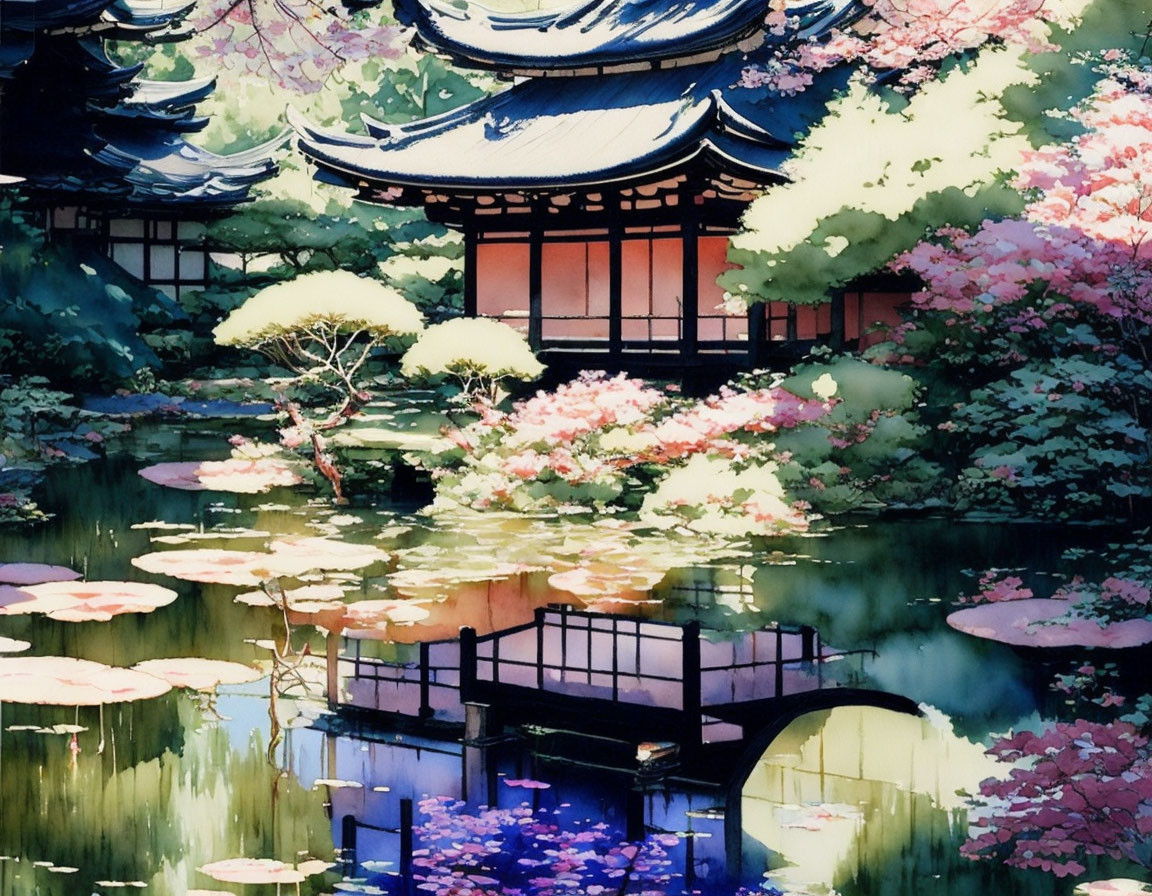 Japanese Architecture with Cherry Blossoms, Pond, Bridge, and Flora