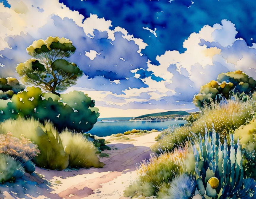 Colorful Watercolor Landscape of Seaside Scene