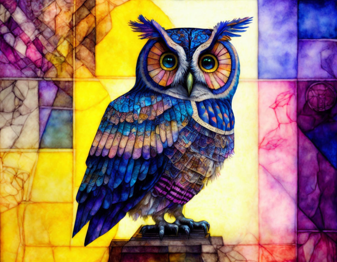 Colorful Stylized Owl Art Against Warm Mosaic Background