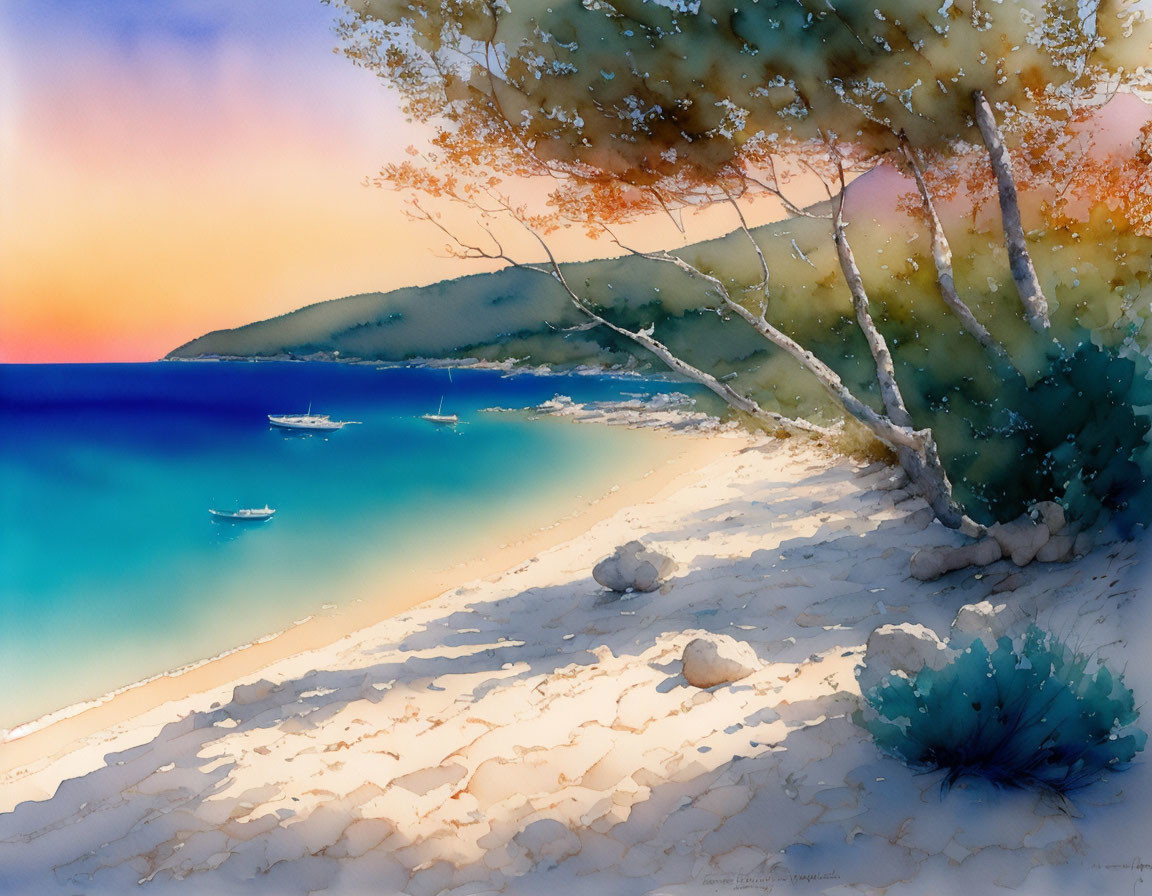 Tranquil watercolor sunset beach scene with boats, trees, and calm sea