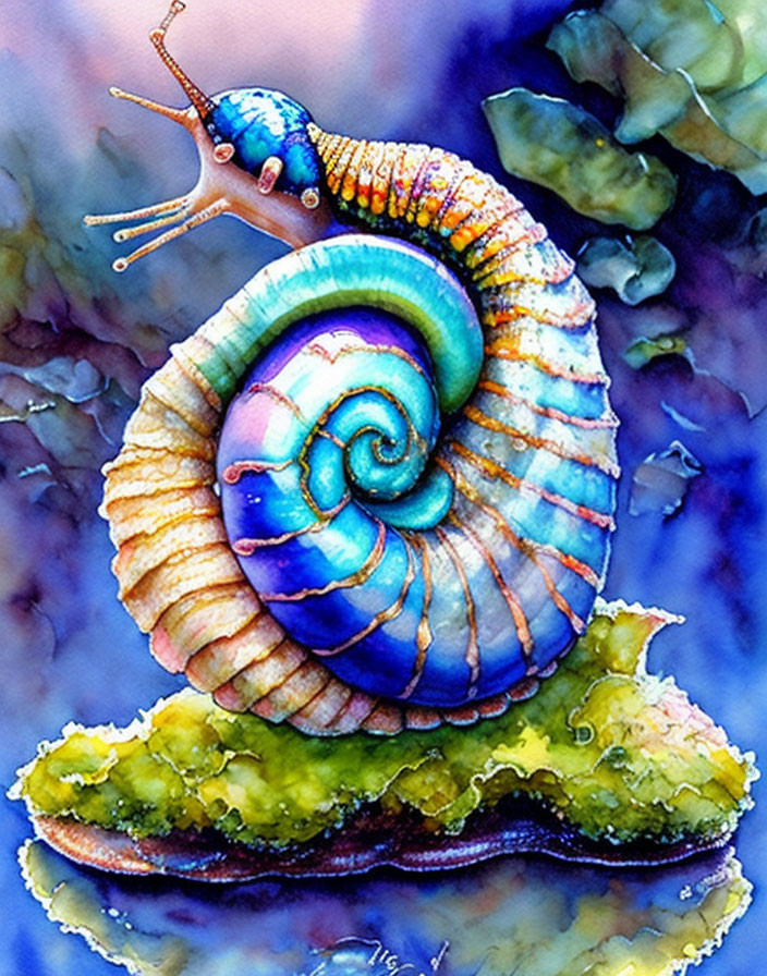 Vibrant watercolor painting of snail on leaf with dreamy background