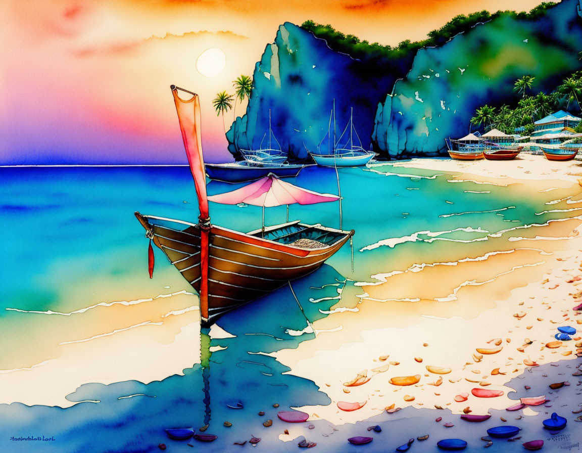 Vibrant Watercolor Beach Scene with Boats, Cliffs, Sunset