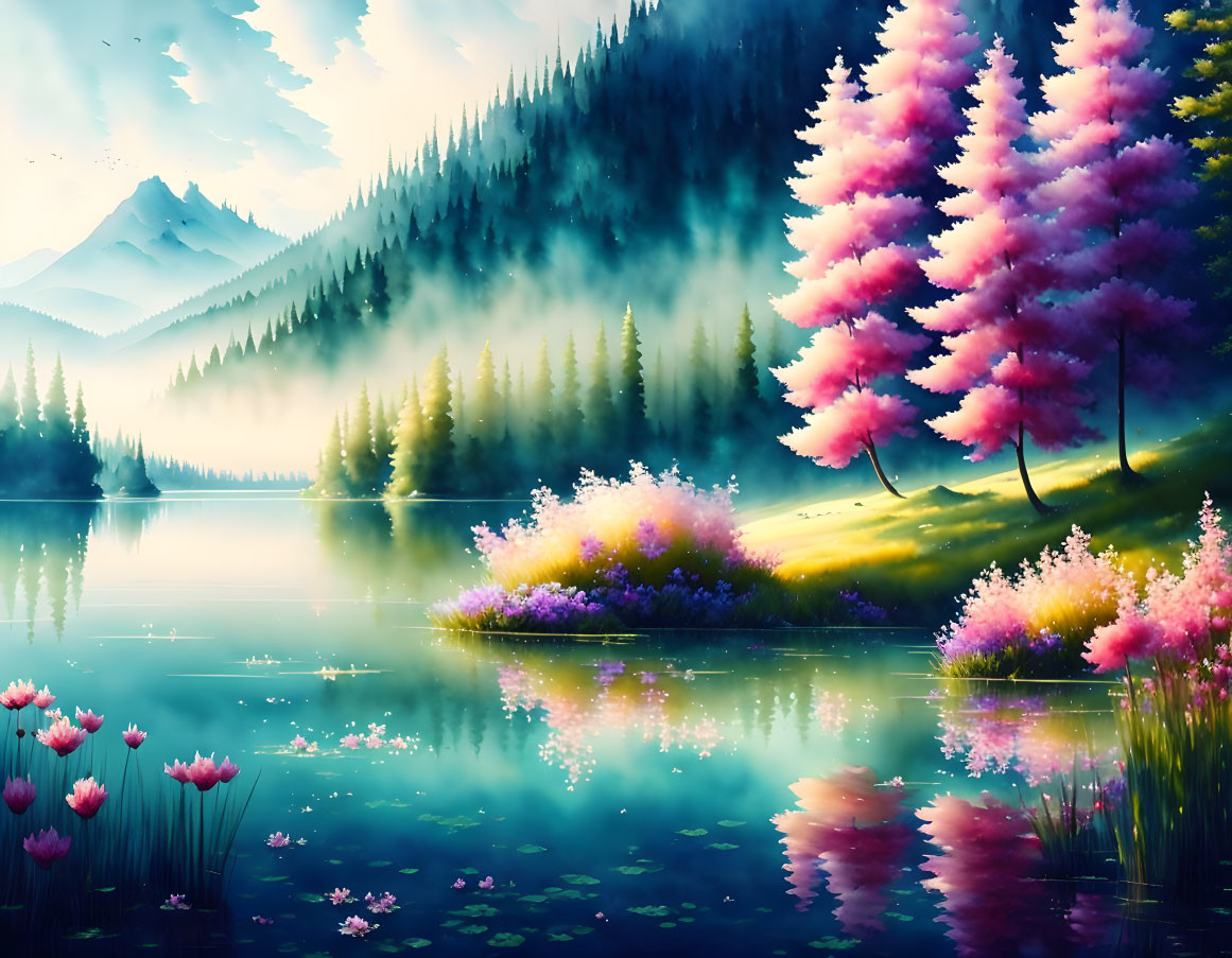 Pink Trees Reflecting in Calm Lake Surrounded by Misty Hills