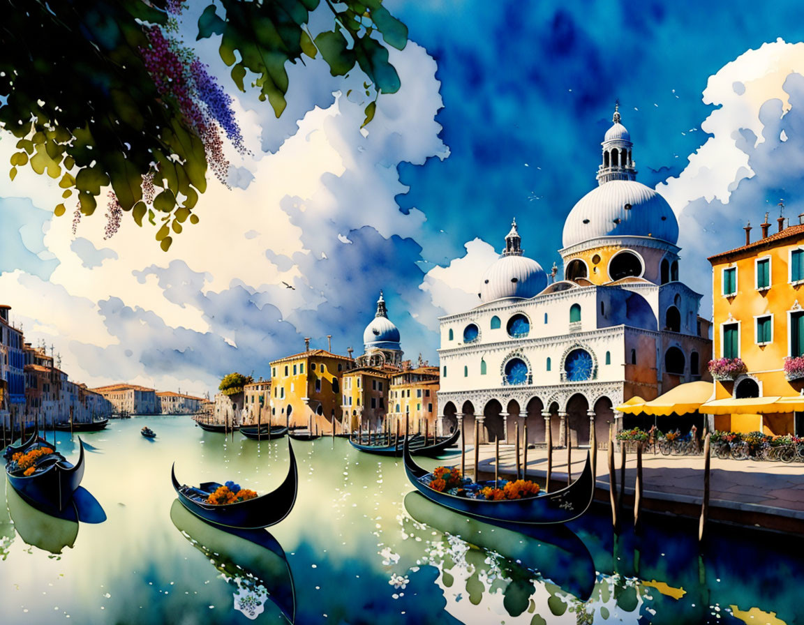 Venice Artwork: Gondolas on Canal with Basilica and Blue Sky