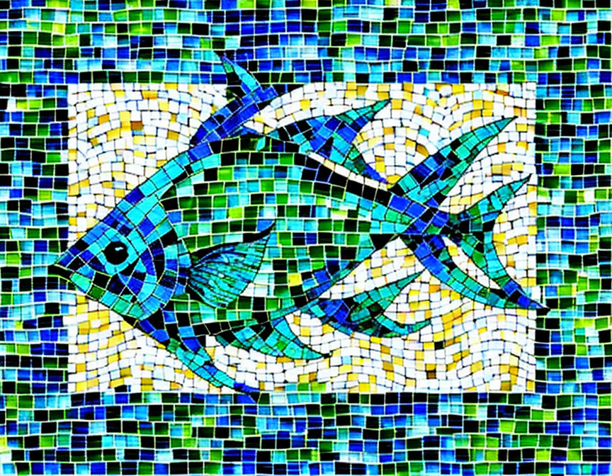 Colorful mosaic artwork of a stylized blue fish on a vibrant tiled background