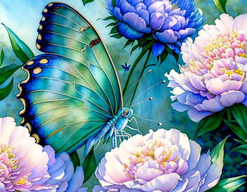 Detailed Blue Butterfly Illustration Perched on Pink Peonies