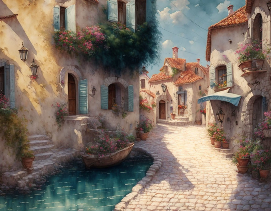 Serene village scene: cobblestone street, stone houses, boat by canal