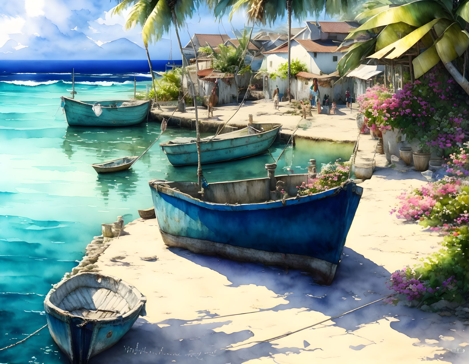 Tropical beach scene with wooden boats, palm trees, and colorful flowers