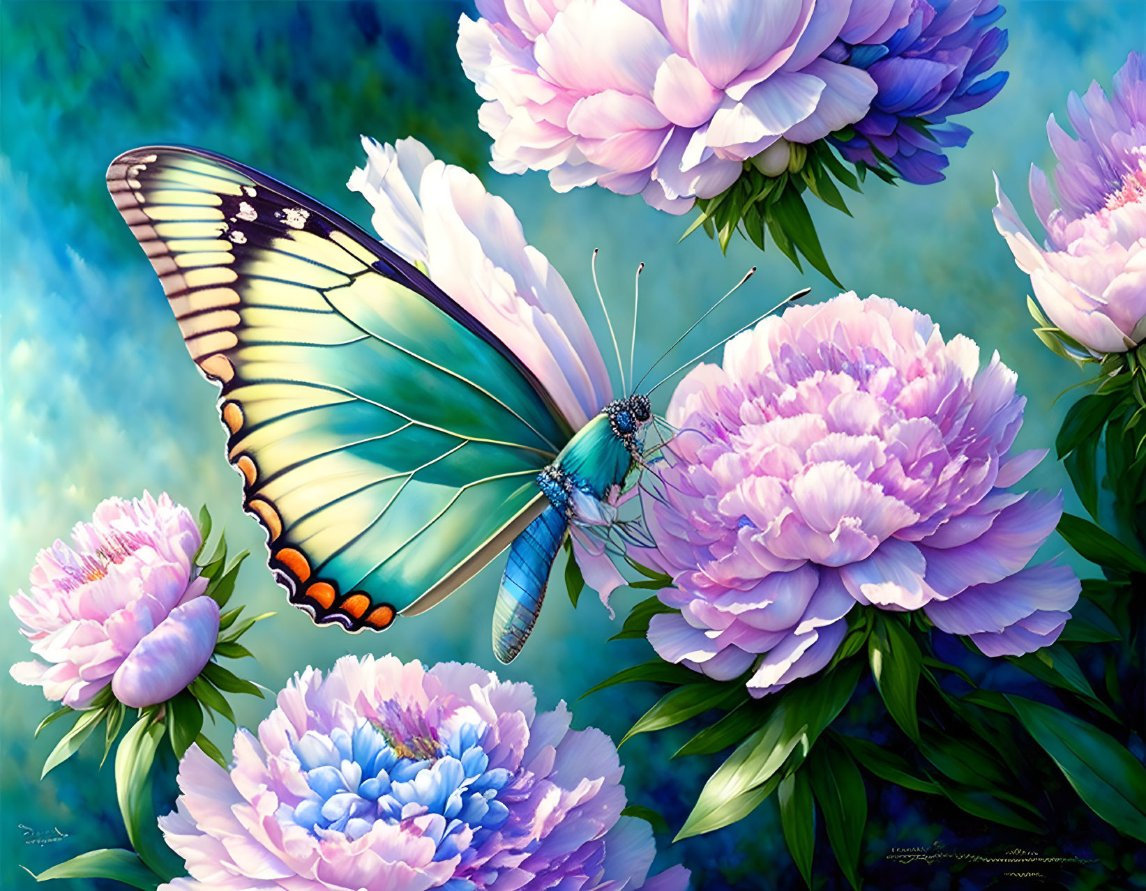 Detailed digital art: Large butterfly on purple peonies, blue backdrop