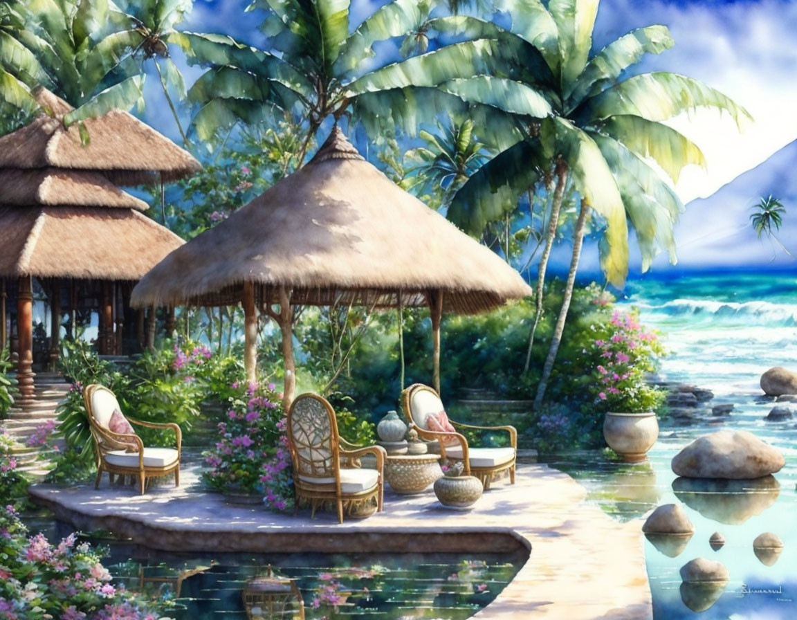 Tropical Thatched Huts by Tranquil Sea Displaying Palm Trees and Blooming Flowers